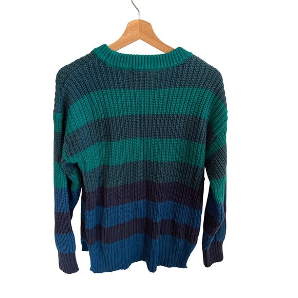 Time & Tru Blue Green Striped Knit Sweater Women's Size M Crewneck Top - Picture 4 of 4